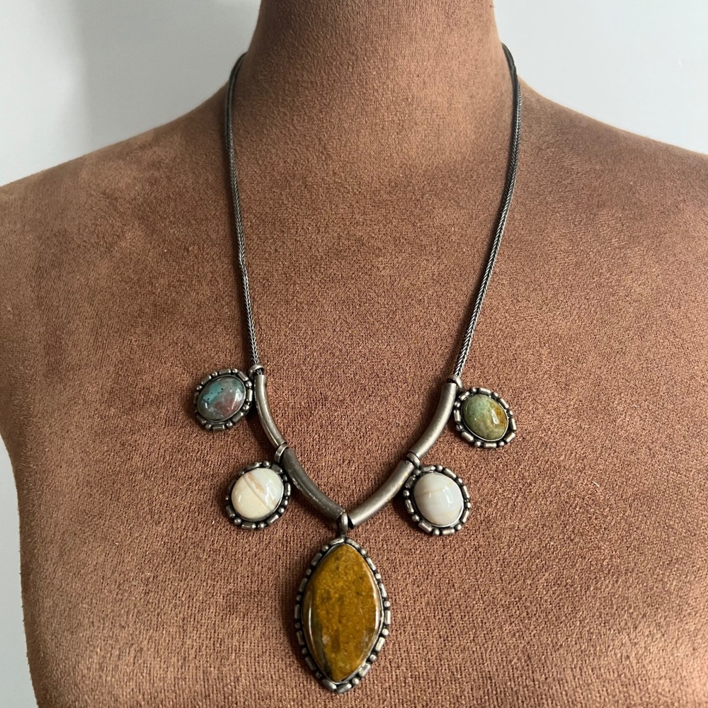 Vintage Southwestern Multi Stone Statement Necklace Silver Tone 23"